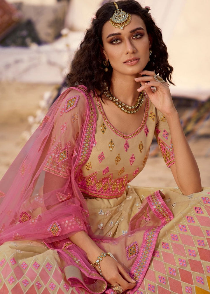 Beige Organza Lehenga Choli with Thread, Foli and Mirror work | Ready To Wear - qivii