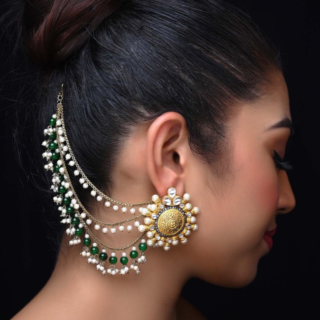 Manpreet Green Emerald Gold Plated Ear Chain - qivii