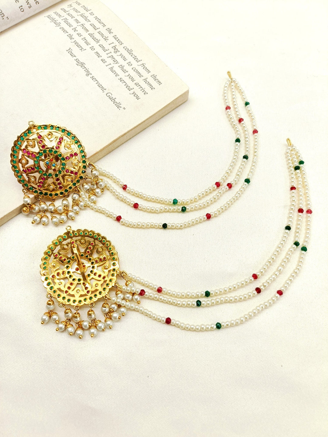 Triguni Multi Colour Jadau Earrings With Side Chain - qivii