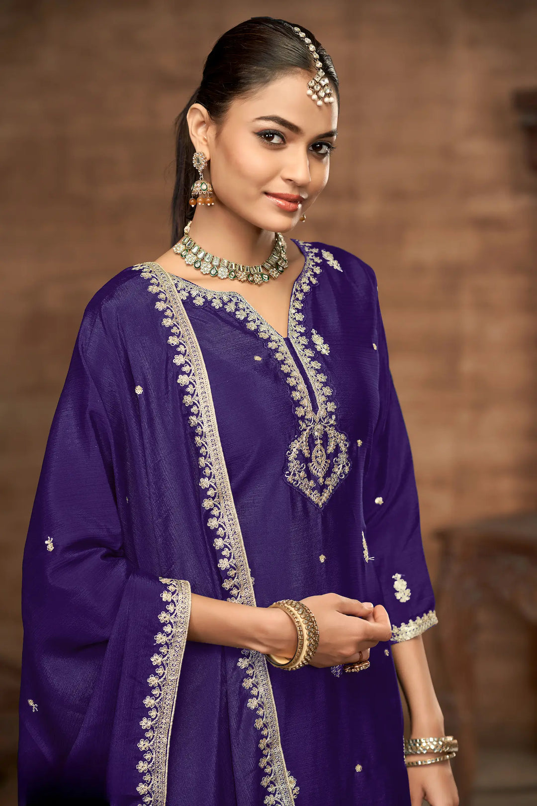 Purple Chinon Palazzo Salwar Suit With Thread & Sequins Embroidery Work - qivii