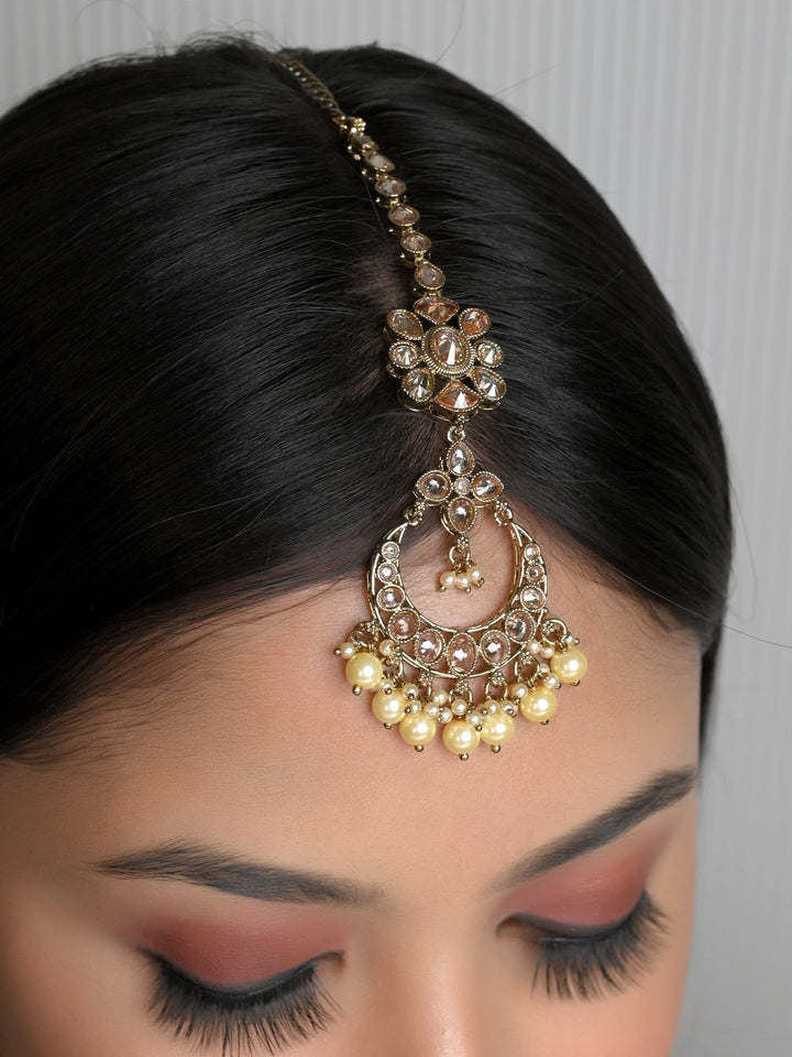  Elegant Polki Choker with Pearl Hanging and Matching Teeka 