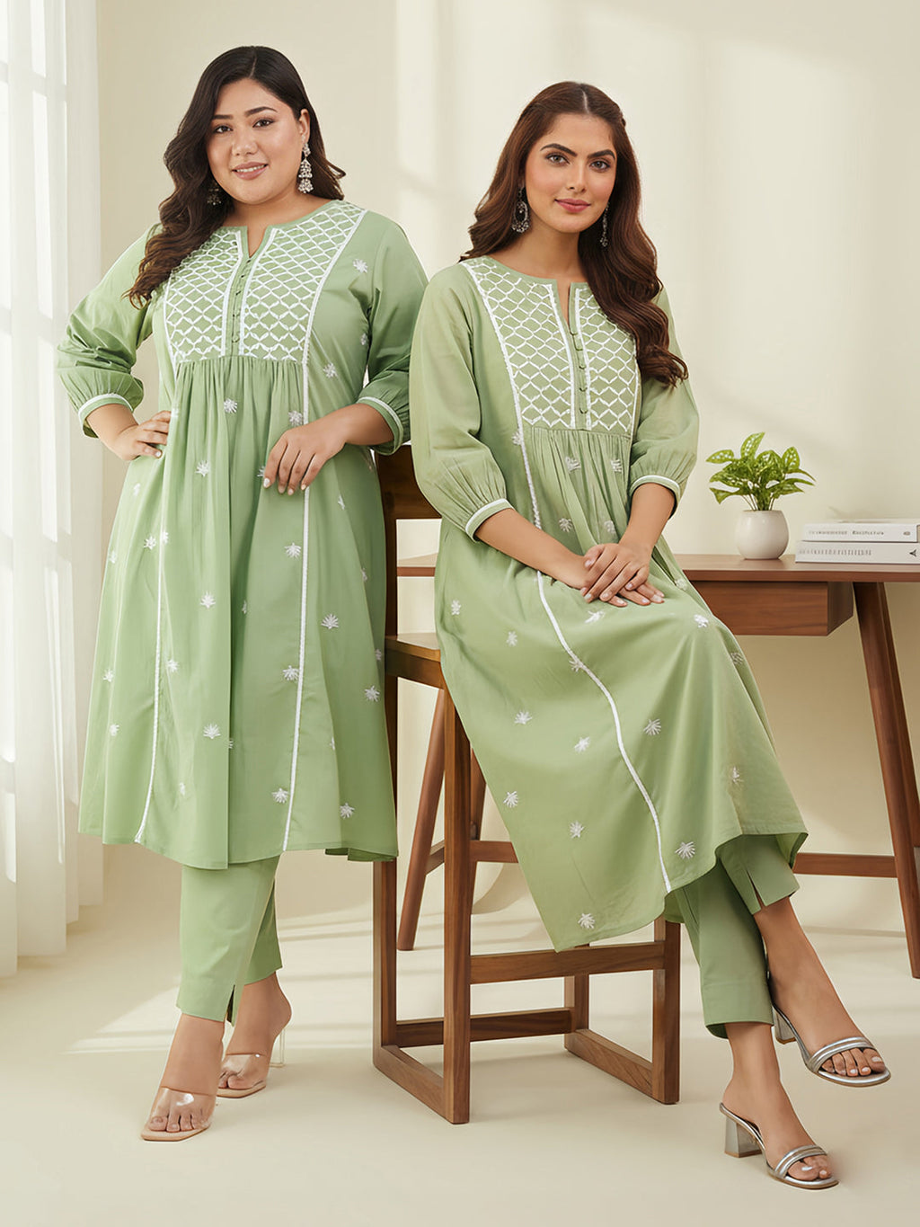 Janasya Women's Light Green Pure Cotton Embroidered A-line Kurta Set