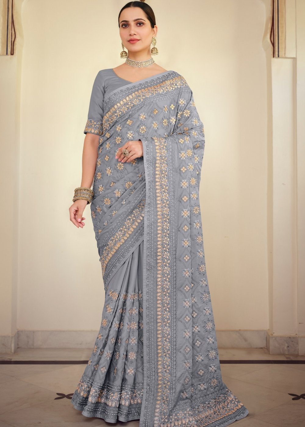 Flint Grey Designer Satin Georgette Saree with Gota & Resham work - qivii