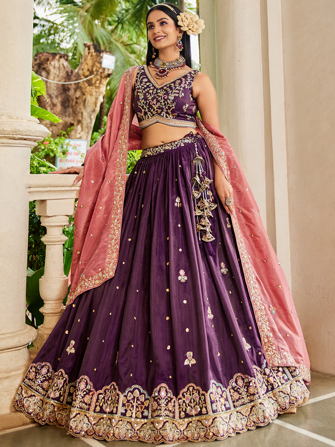 Burgundy - Satin Sequinse embroidery Semi-Stitched Lehenga choli & Dupatta - qivii