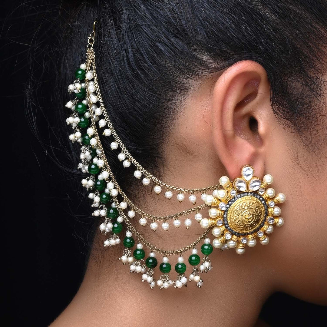 Manpreet Green Emerald Gold Plated Ear Chain - qivii