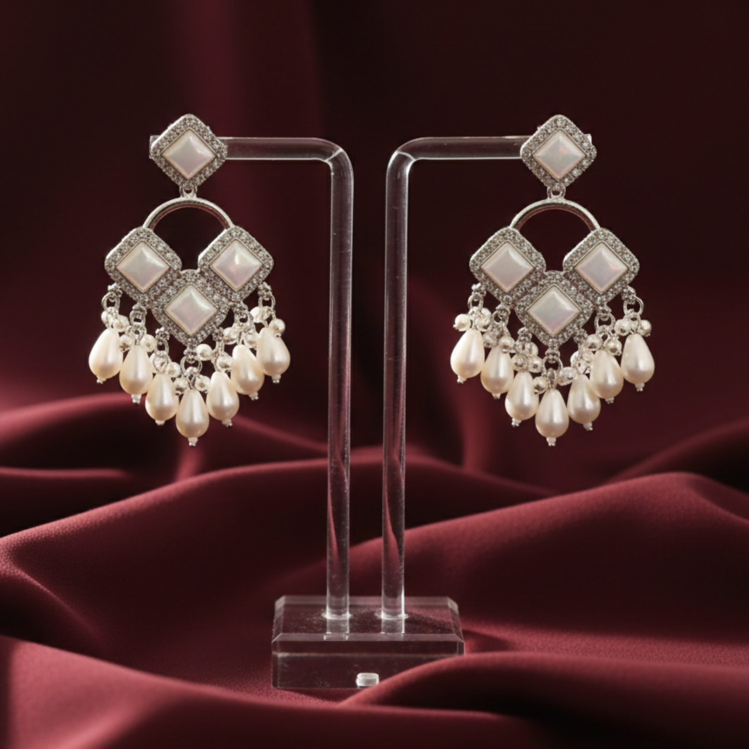 Elegant Silver Plated Chandelier Earrings Featuring Square Crystals and White Teardrop Beads