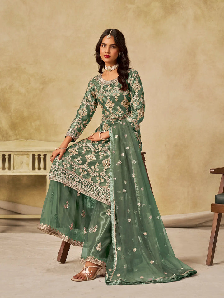 Hazel Green Net Palazzo Suit With Sequins Embroidery - qivii