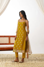 Mustard Yellow Fancy Embroidered Work Organza Salwar Suit With Dupatta