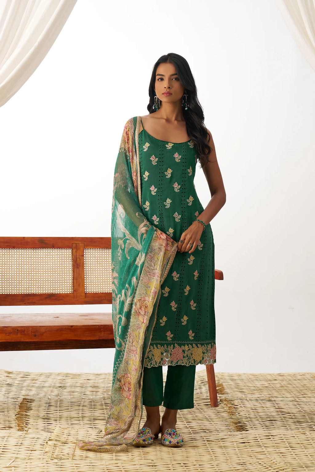 Green Cyan Fancy Embroidered Work Organza Salwar Suit With Dupatta