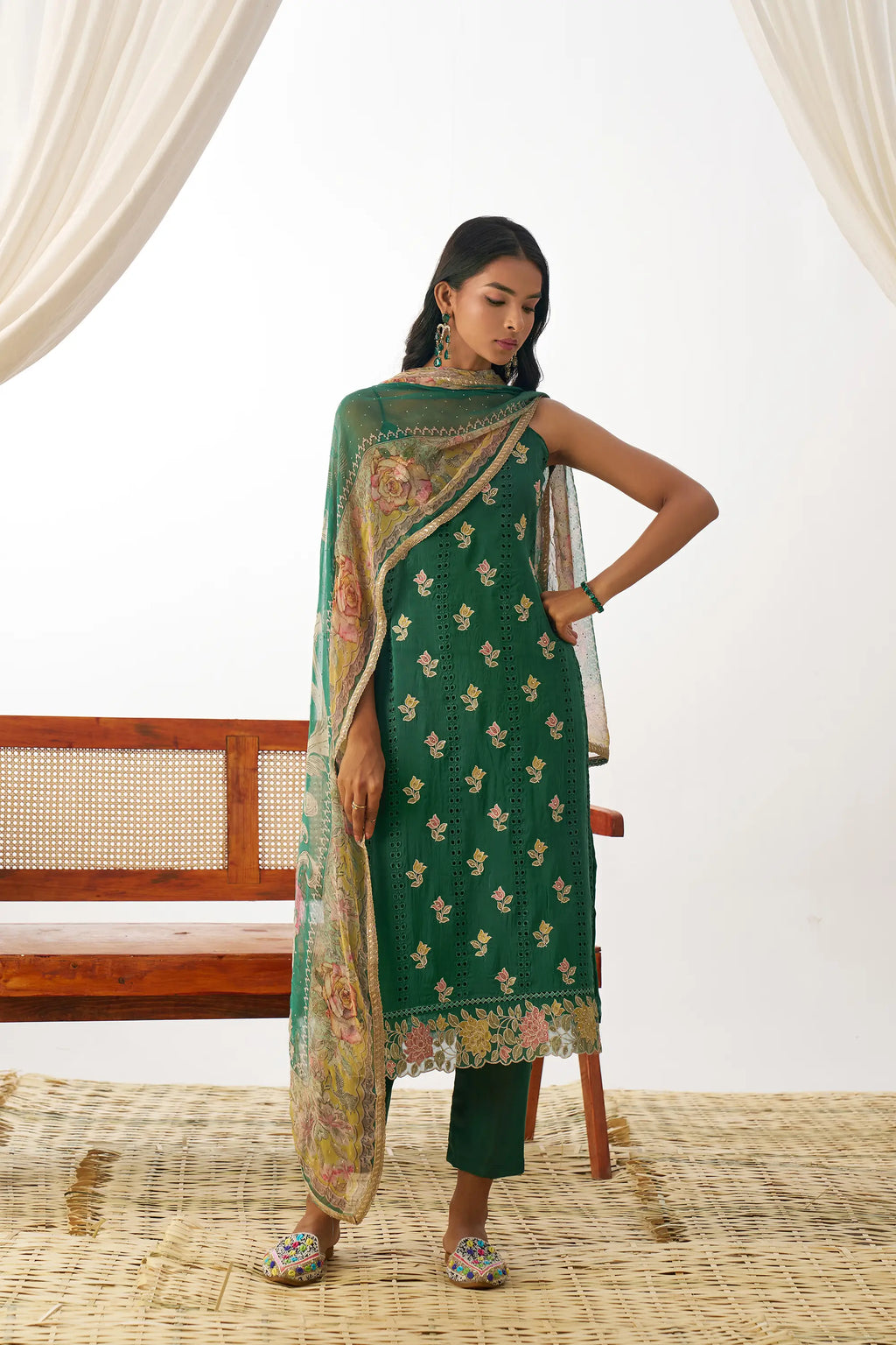 Green Cyan Fancy Embroidered Work Organza Salwar Suit With Dupatta