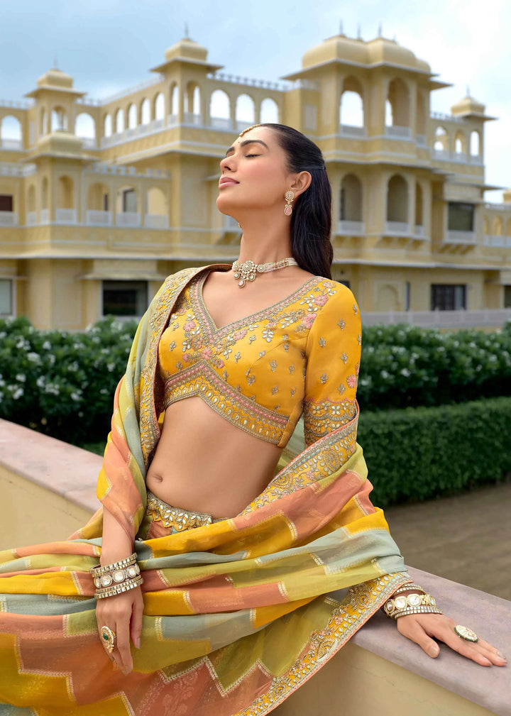 Pastel Yellow Designer Embroidery Work Lehenga