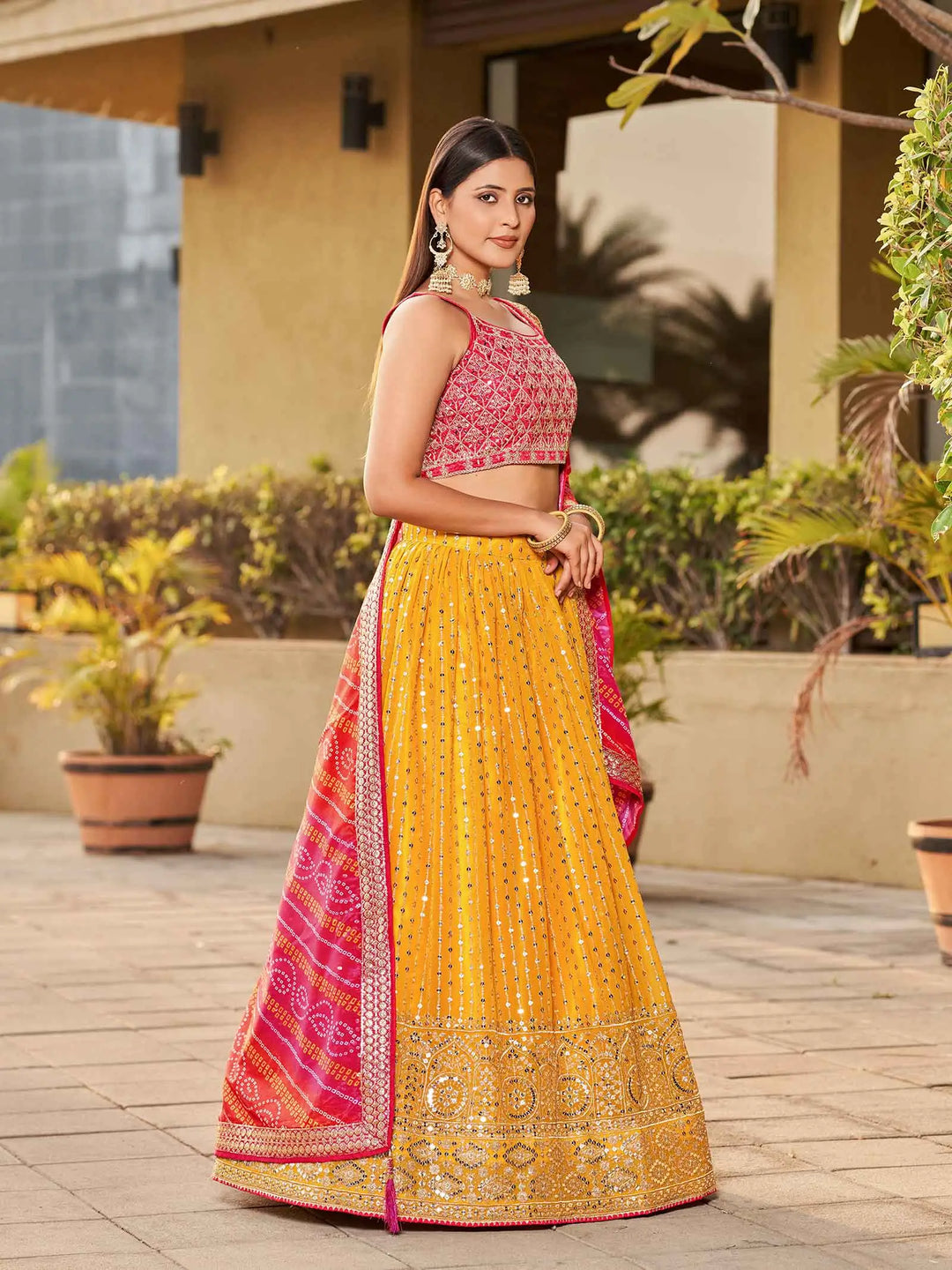 Yellow Pink Georgette Lehenga With Zari Dori And Sequins Embroidery With Real Mirror Work - qivii