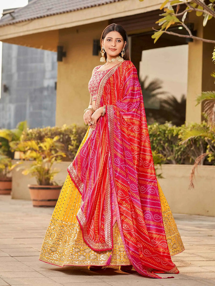 Yellow Pink Georgette Lehenga With Zari Dori And Sequins Embroidery With Real Mirror Work - qivii