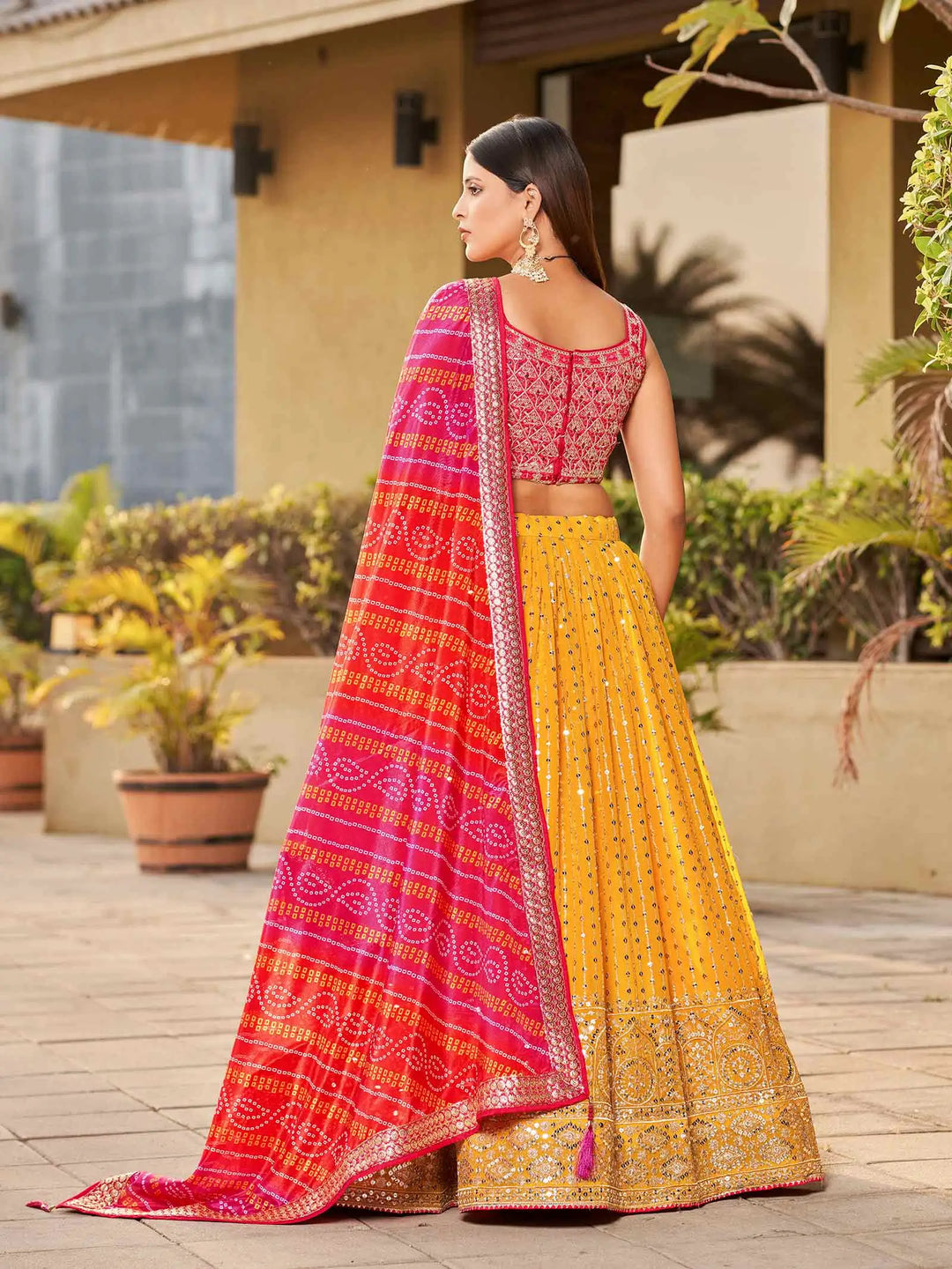 Yellow Pink Georgette Lehenga With Zari Dori And Sequins Embroidery With Real Mirror Work - qivii
