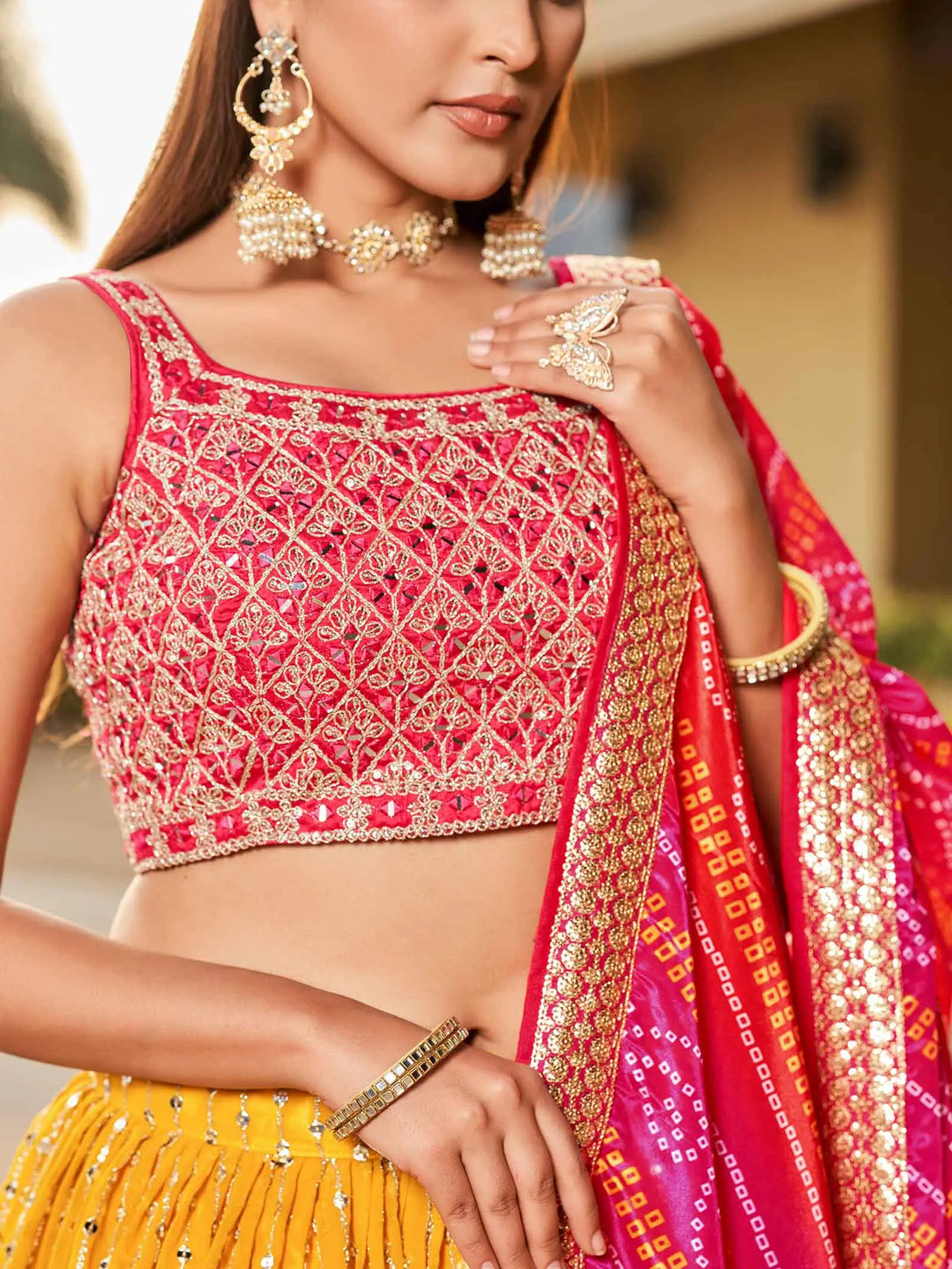 Yellow Pink Georgette Lehenga With Zari Dori And Sequins Embroidery With Real Mirror Work - qivii