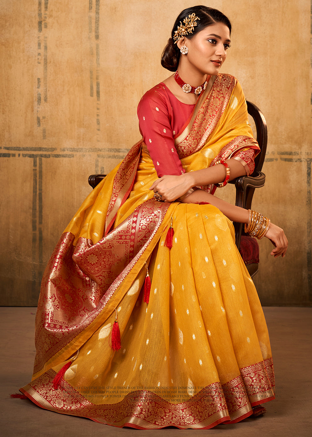 Amber Gold Yellow Woven Banarasi Tissue Silk Saree - qivii