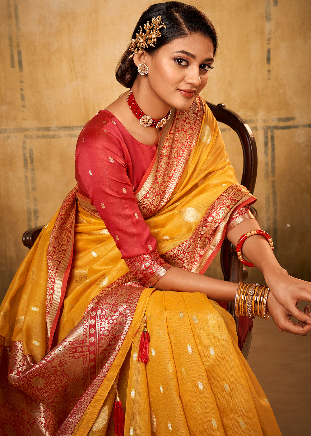 Amber Gold Yellow Woven Banarasi Tissue Silk Saree - qivii