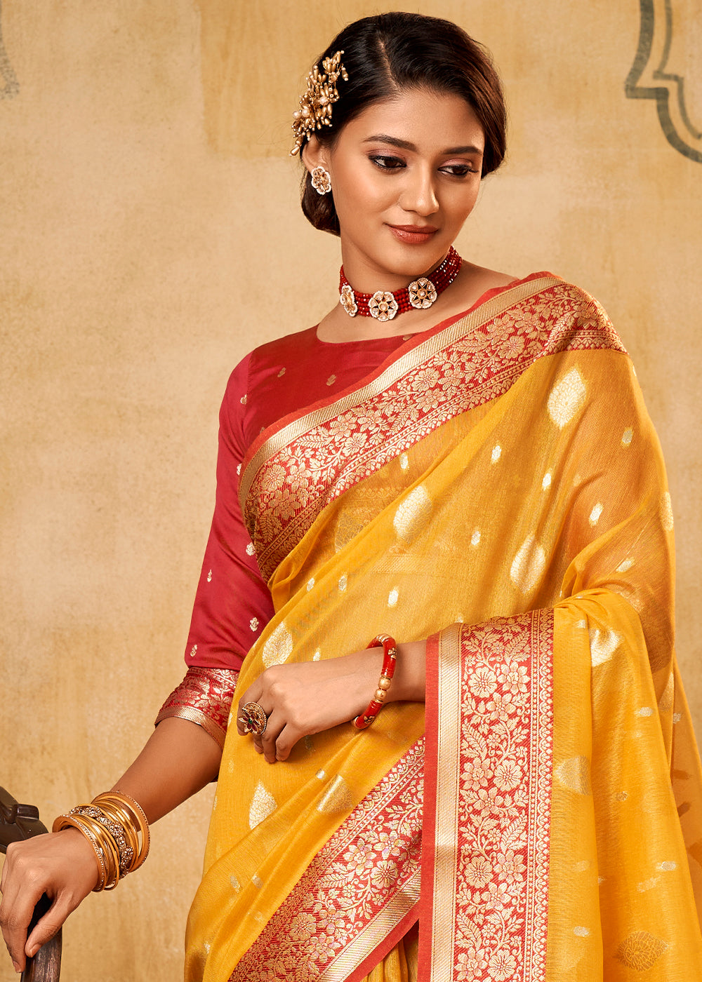 Amber Gold Yellow Woven Banarasi Tissue Silk Saree - qivii