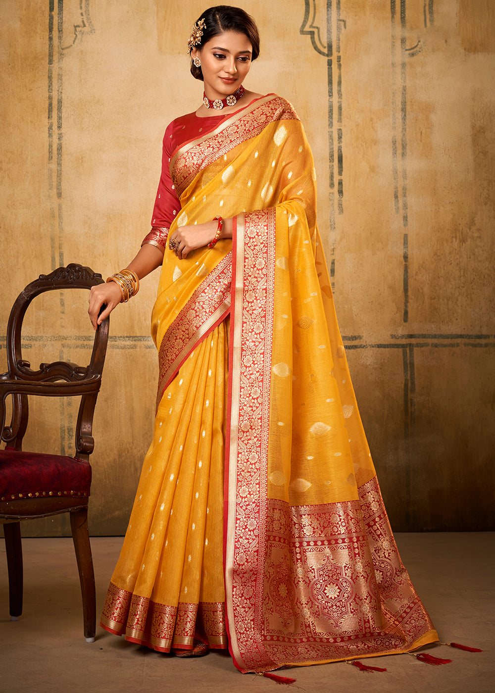 Amber Gold Yellow Woven Banarasi Tissue Silk Saree - qivii
