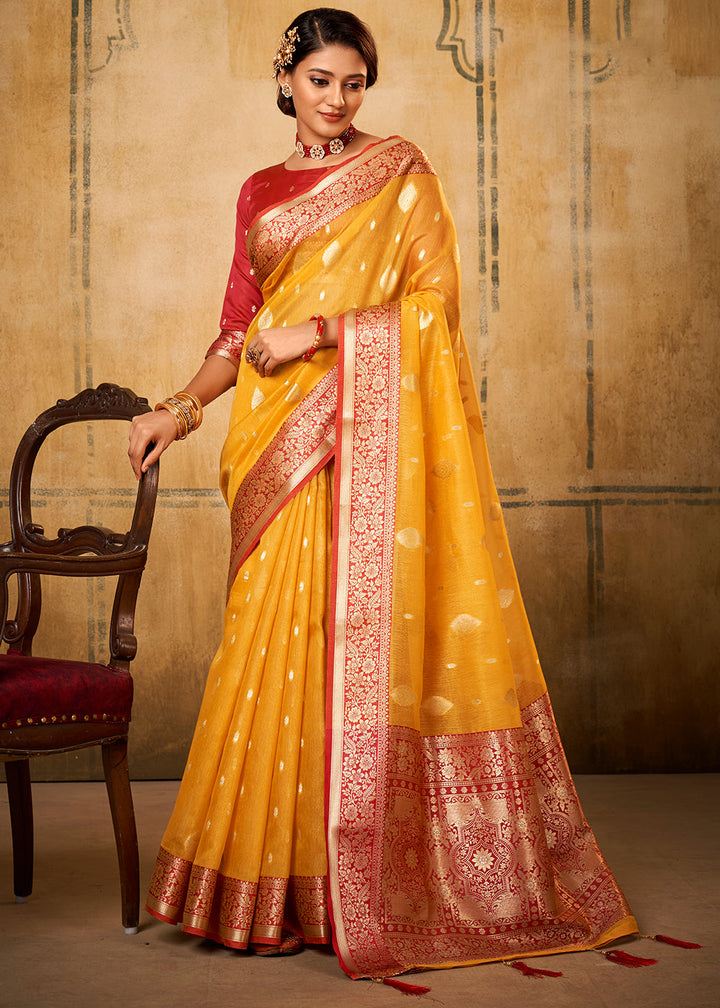 Amber Gold Yellow Woven Banarasi Tissue Silk Saree - qivii