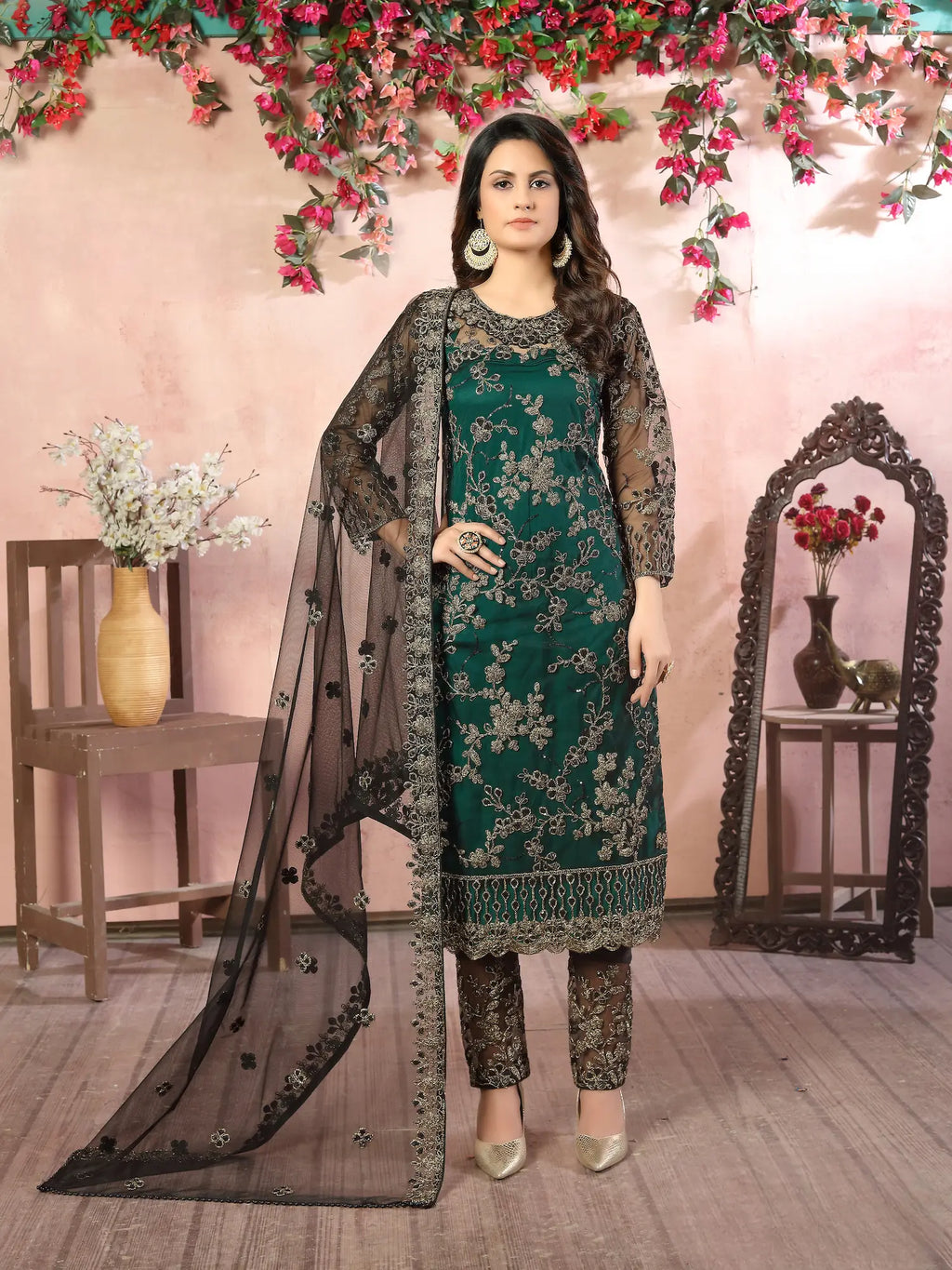 Green Net Thread & Sequence Embroidery Work Salwar Suit