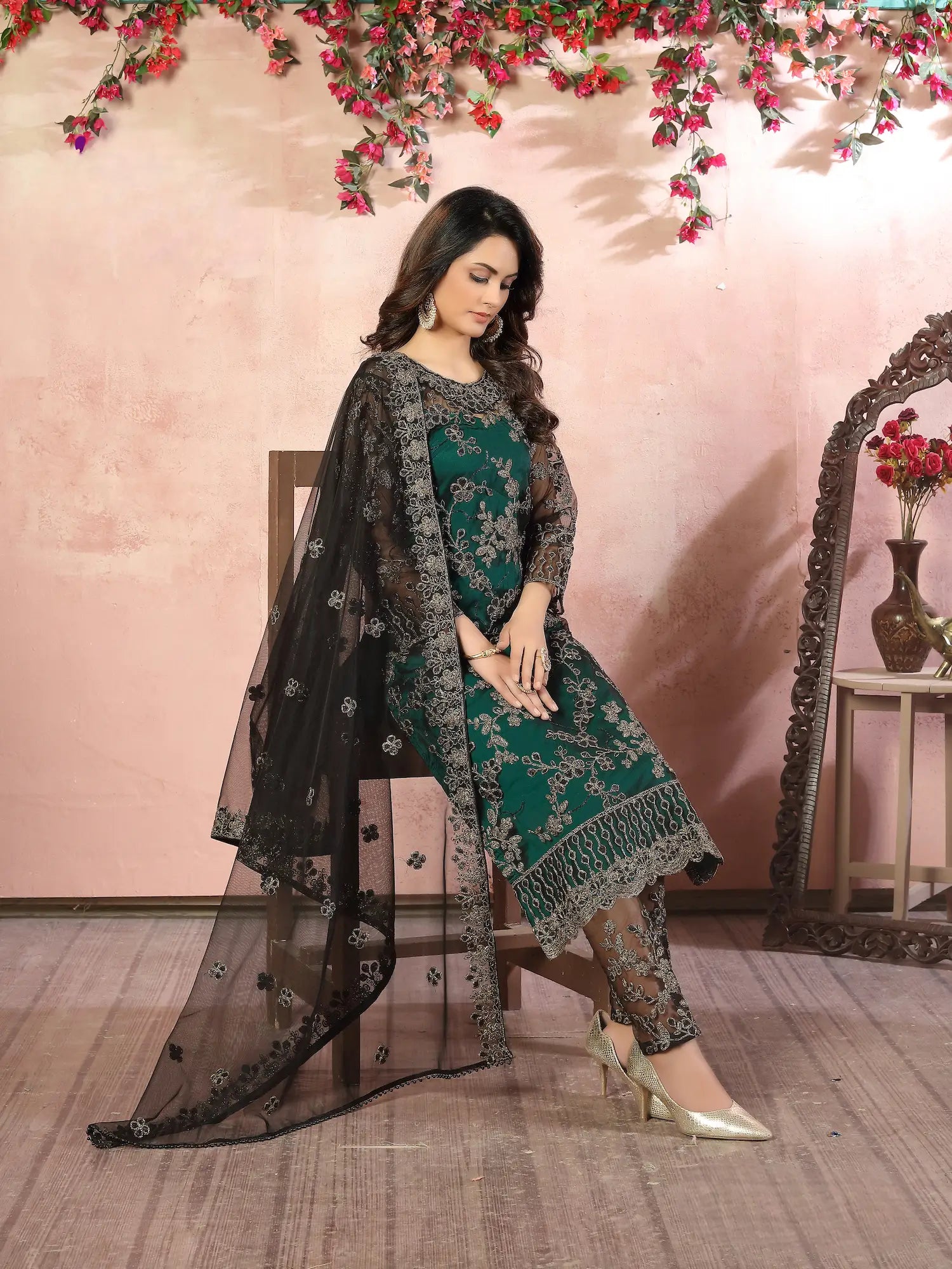 Green Net Thread & Sequence Embroidery Work Salwar Suit