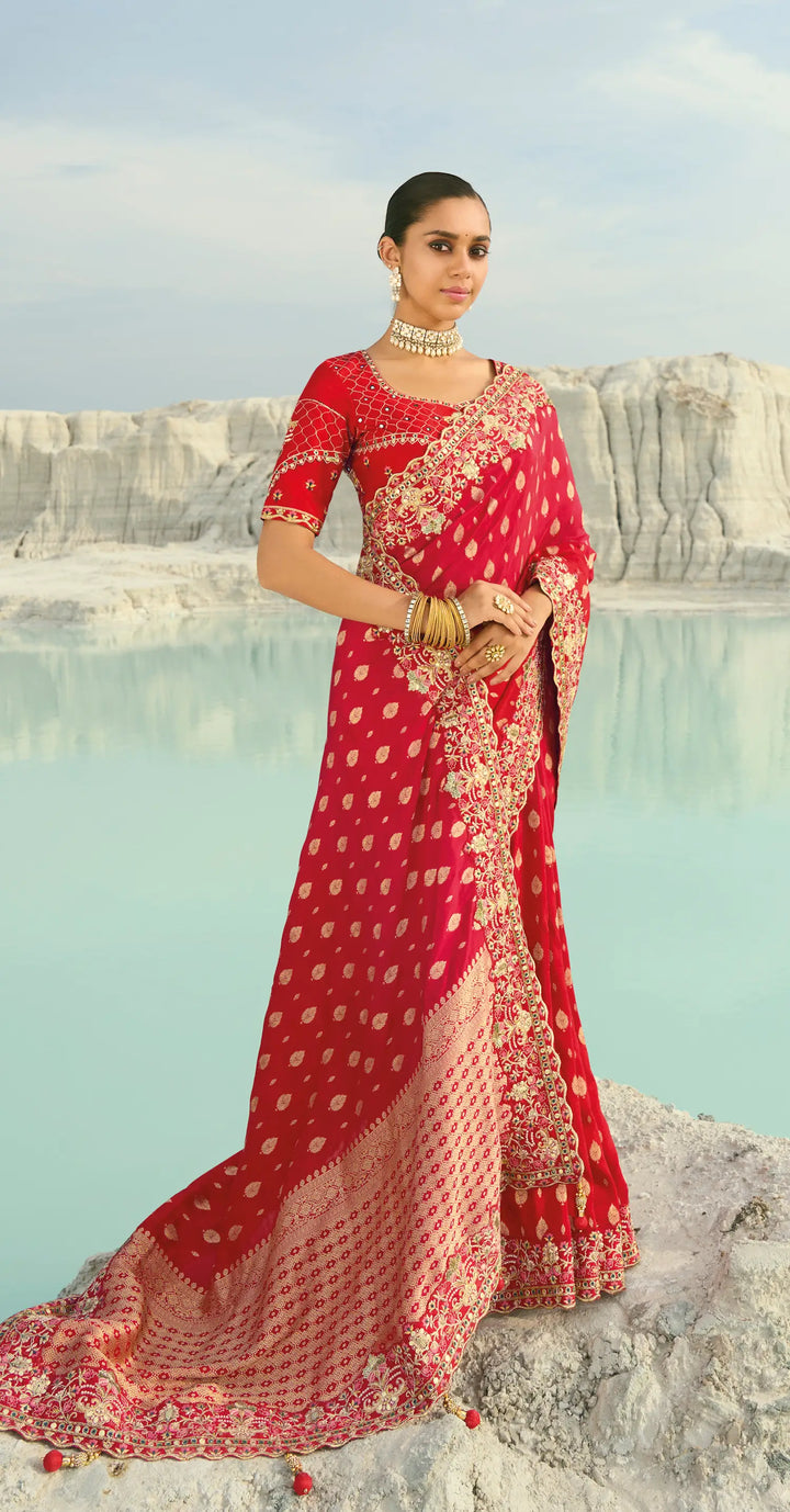 Hot Red Dola Silk Heavy Embroidery Saree