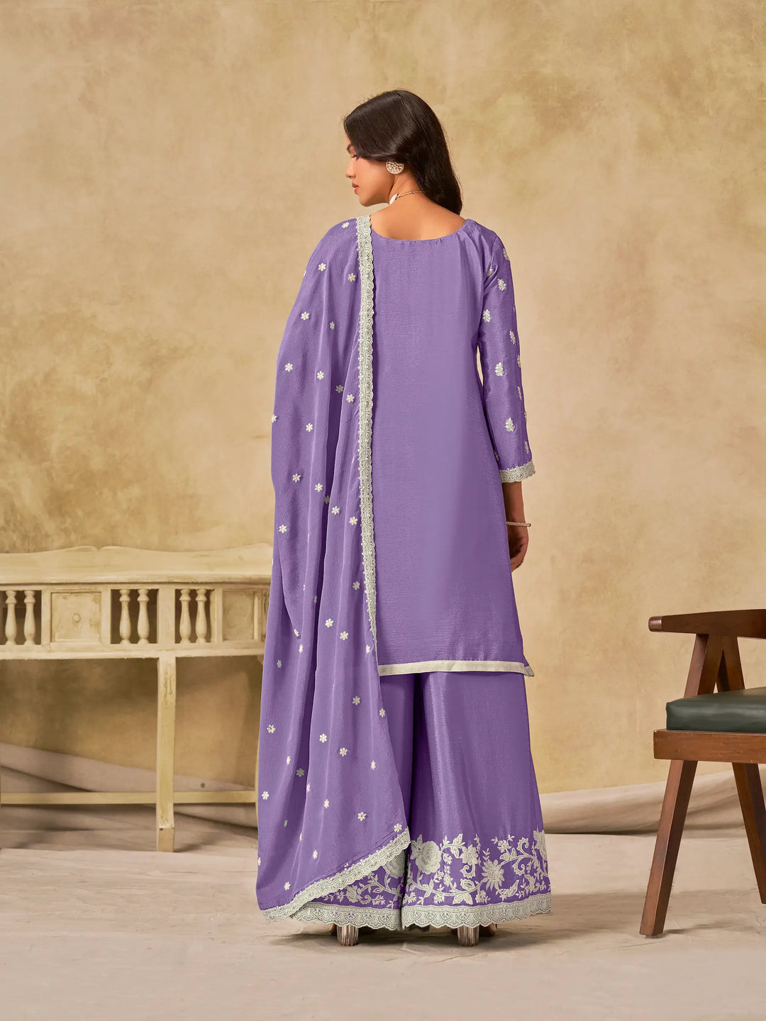 Lavender Chinon Embroidery Work Palazzo Suit - qivii