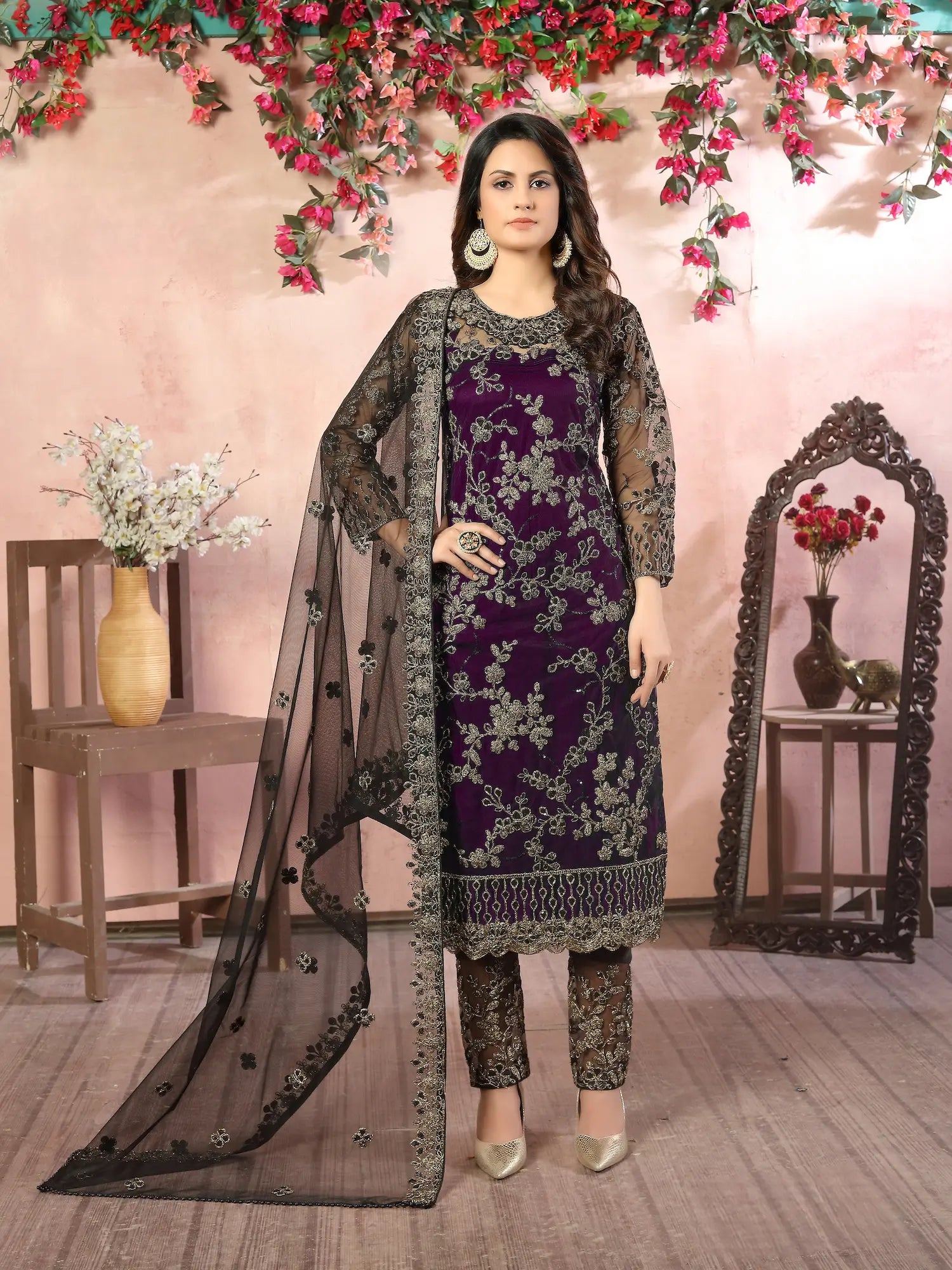 Wine Net Thread & Sequence Embroidery Work Salwar Suit