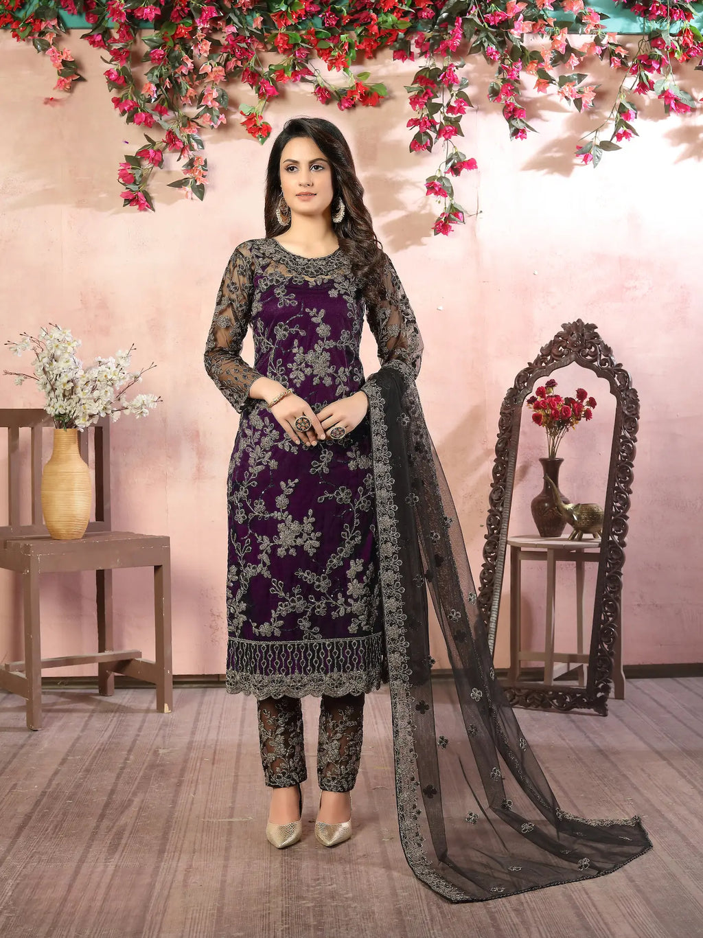 Wine Net Thread & Sequence Embroidery Work Salwar Suit