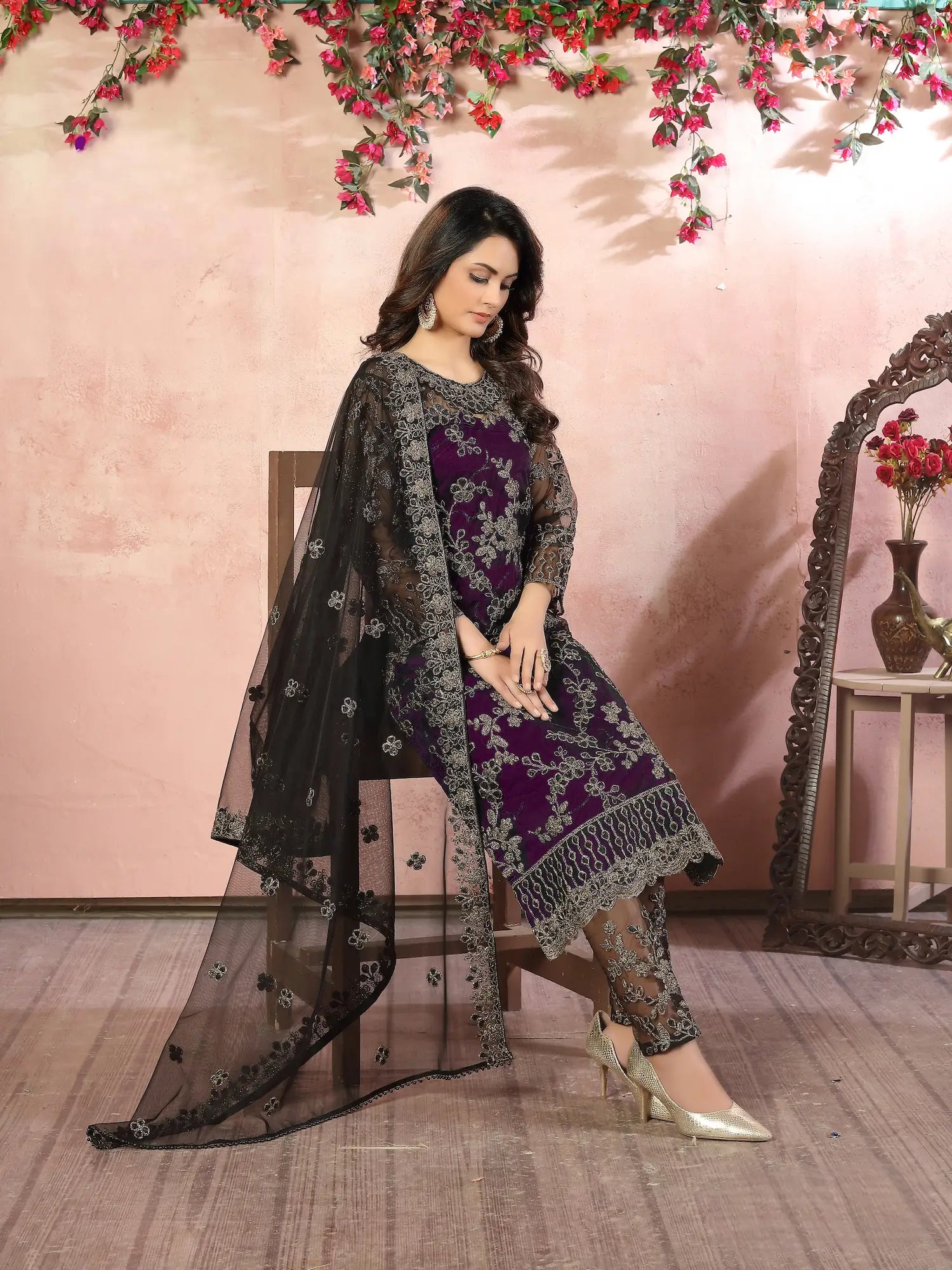 Wine Net Thread & Sequence Embroidery Work Salwar Suit