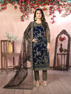 Navy Blue Net Thread & Sequence Embroidery Work Salwar Suit