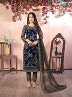 Navy Blue Net Thread & Sequence Embroidery Work Salwar Suit