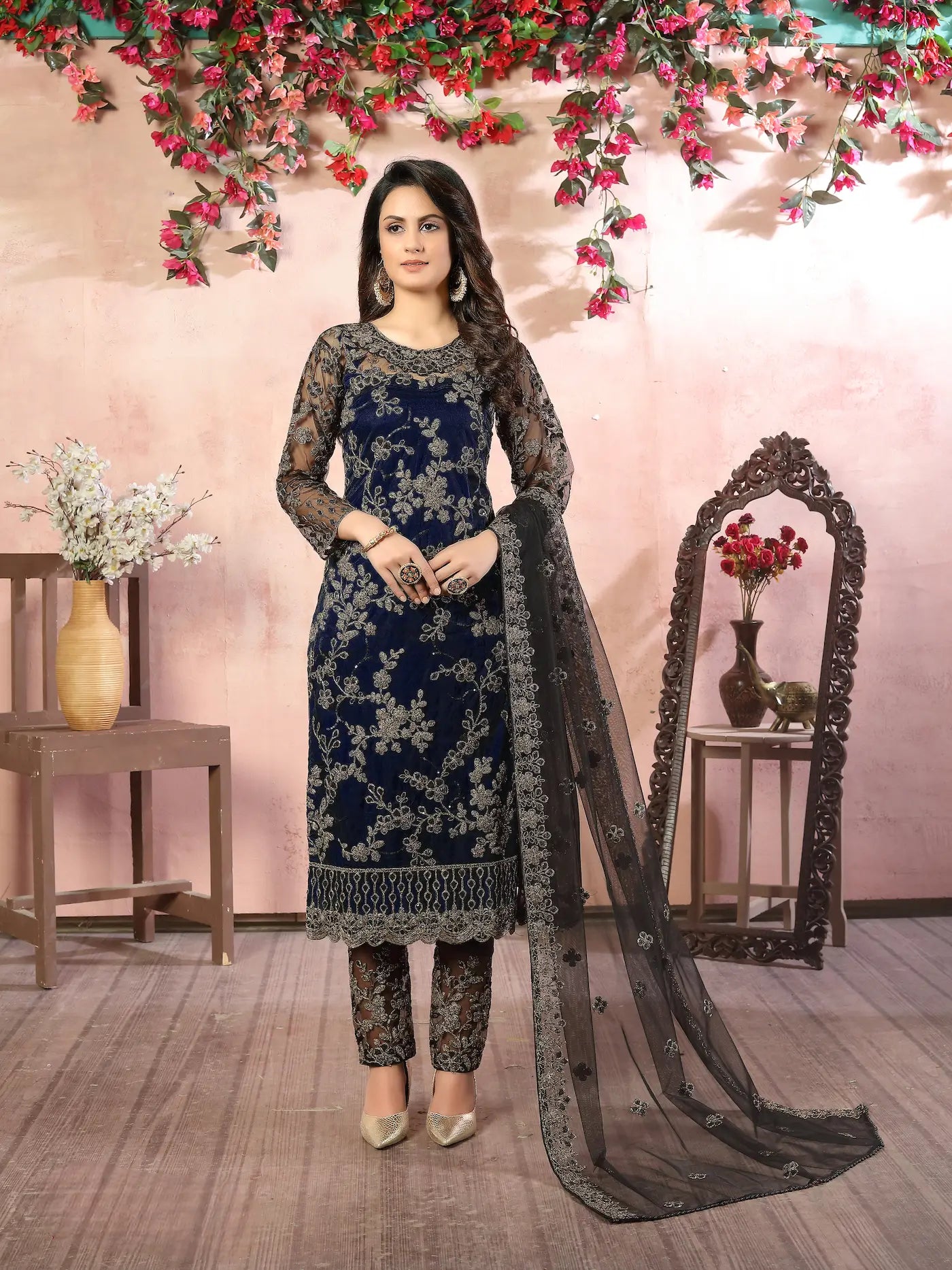 Navy Blue Net Thread & Sequence Embroidery Work Salwar Suit