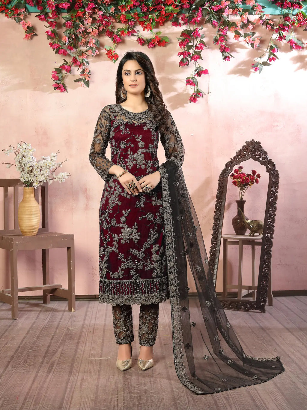 Maroon Net Thread & Sequence Embroidery Work Salwar Suit