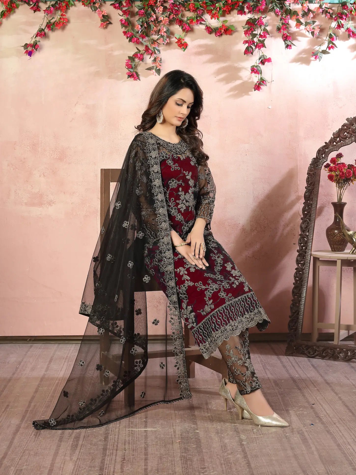 Maroon Net Thread & Sequence Embroidery Work Salwar Suit