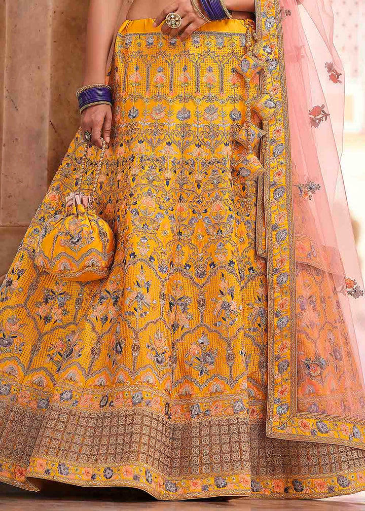 Chrome Yellow Crepe Lehenga Choli with Swarovski, Sequins & Dori work | Ready To Wear - qivii