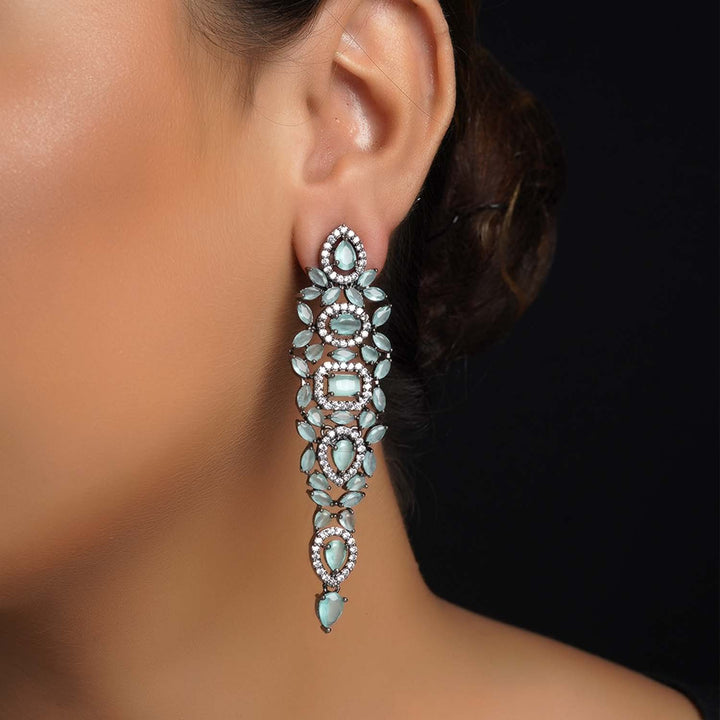 Exquisite Mint Green Stone Earrings with Detailed Victorian-inspired Patterns and Shimmering American Diamond Embellishments