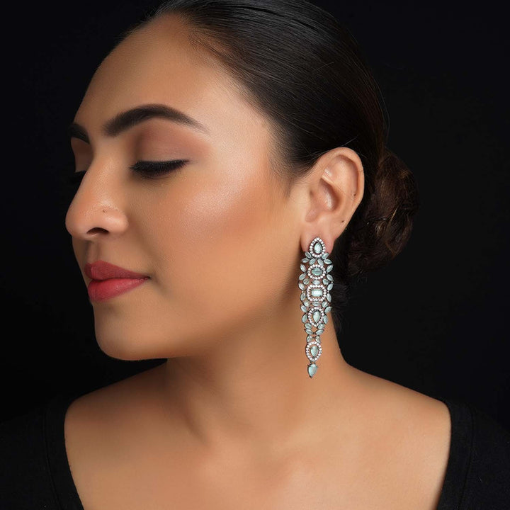 Ekta Mint Green Stone Victorian Earrings with Intricate Design and Sparkling American Diamond Accents