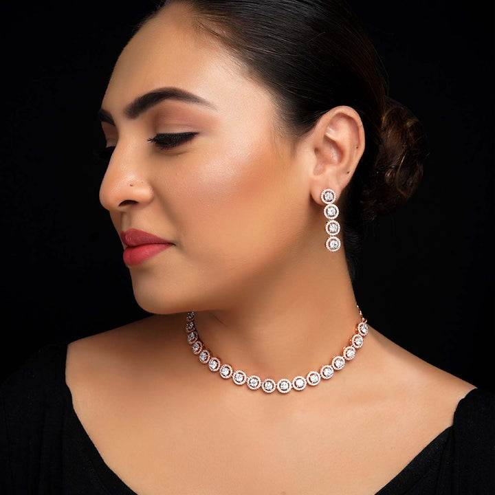 Jasmin Diamond Neck Line Rose Plated Necklace Set - qivii