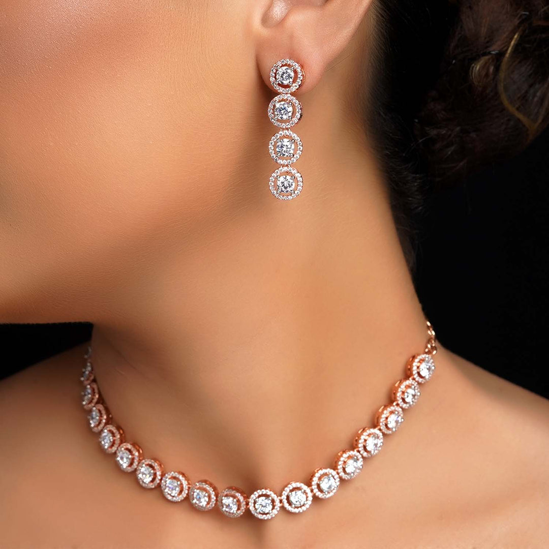 Jasmin Diamond Neck Line Rose Plated Necklace Set - qivii