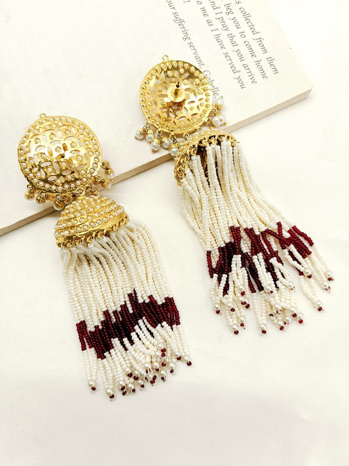 Kaashni Maroon Jadau Jhumki - Traditional Indian maroon earrings with intricate gold detailing