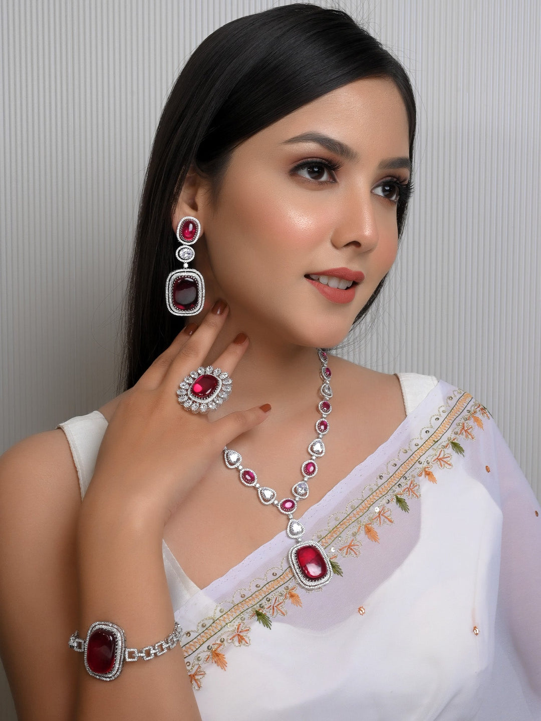 Stunning Ruby American Diamond Necklace Set crafted with silver plated brass 