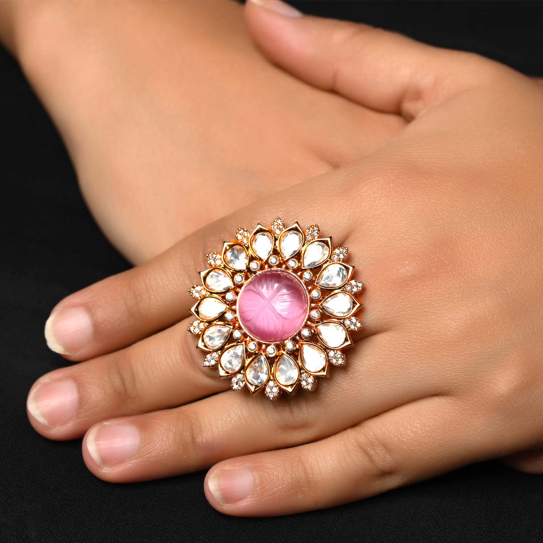 Binita Pink Stone Gold Plated Kundan Ring - qivii