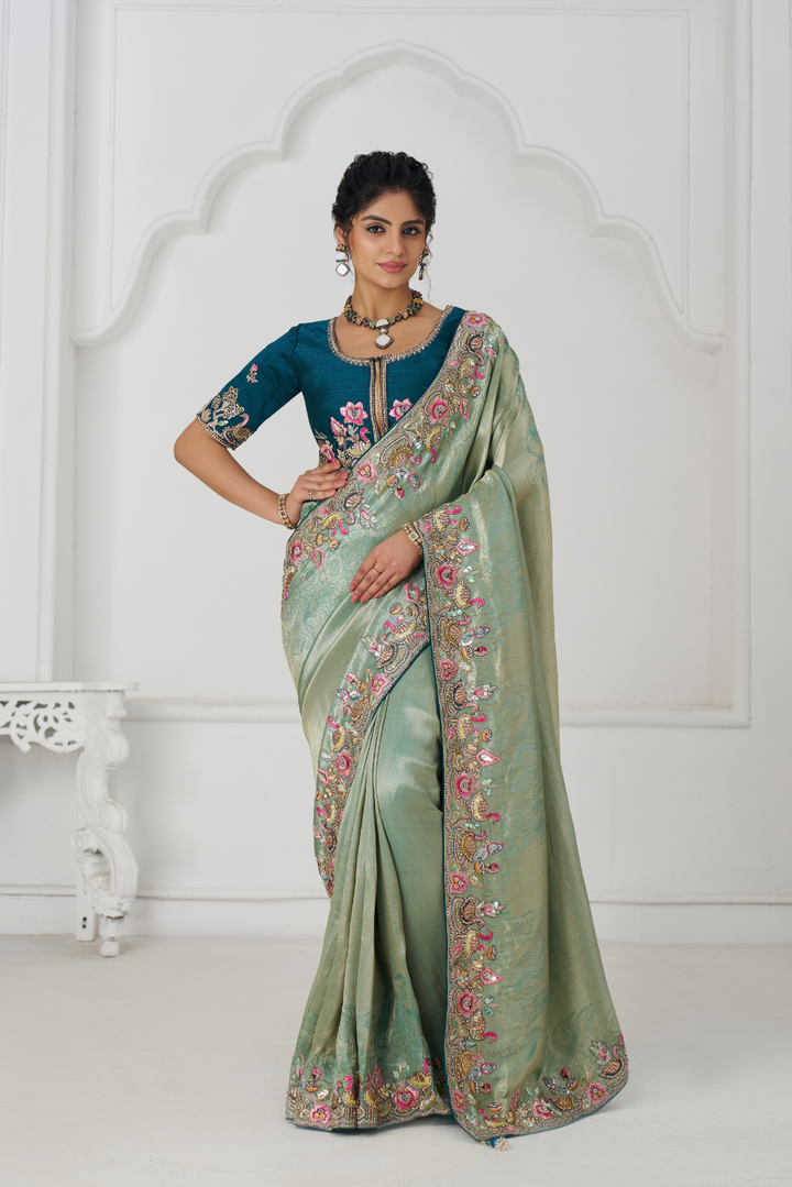 Trending Reception Green Color Saree With Multi-thread Embroidery - qivii