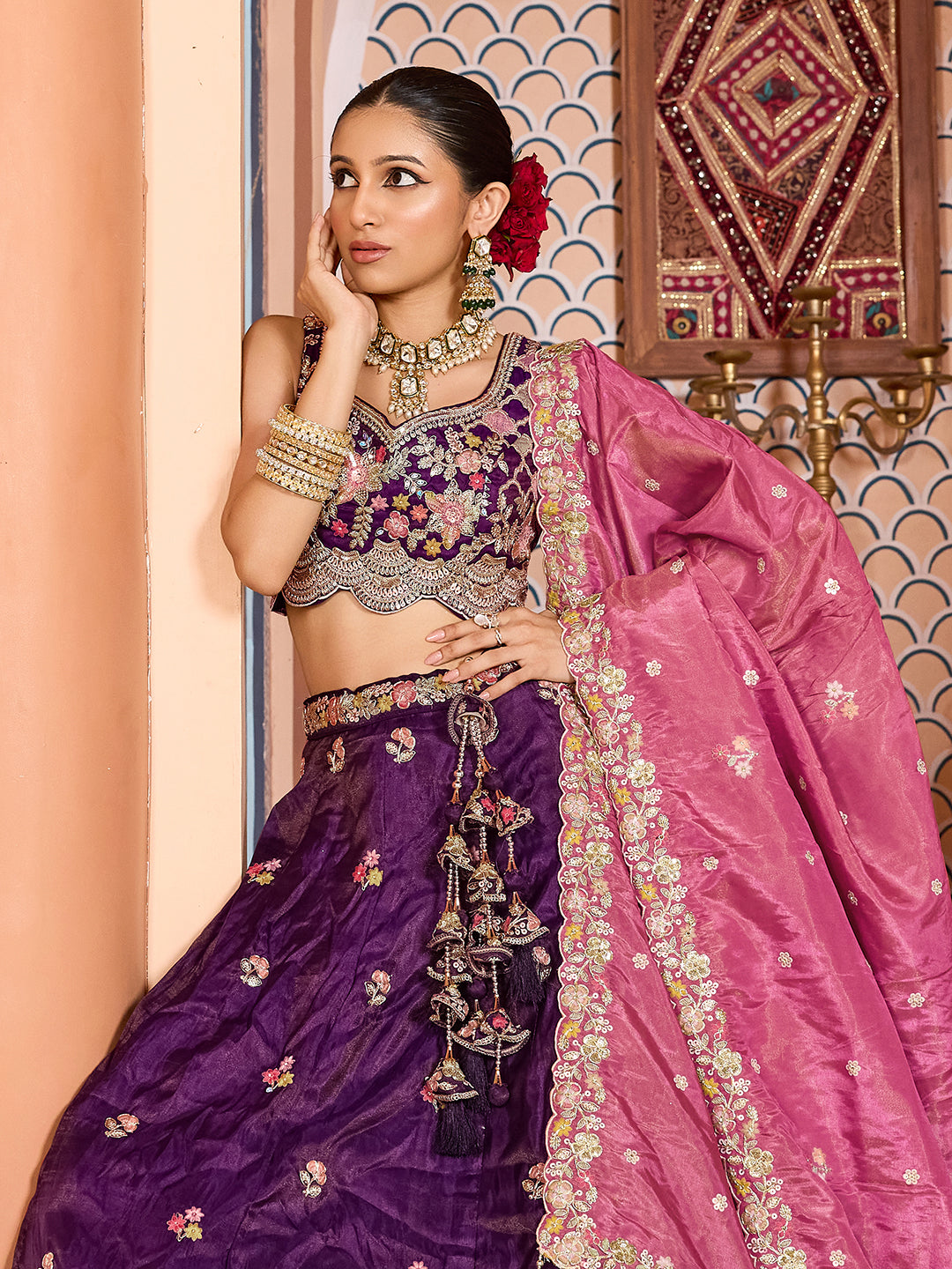 PURPLE - Tissue Fabric Sequins embroidery Semi-Stitched Lehenga & Unstitched Blouse With Dupatta