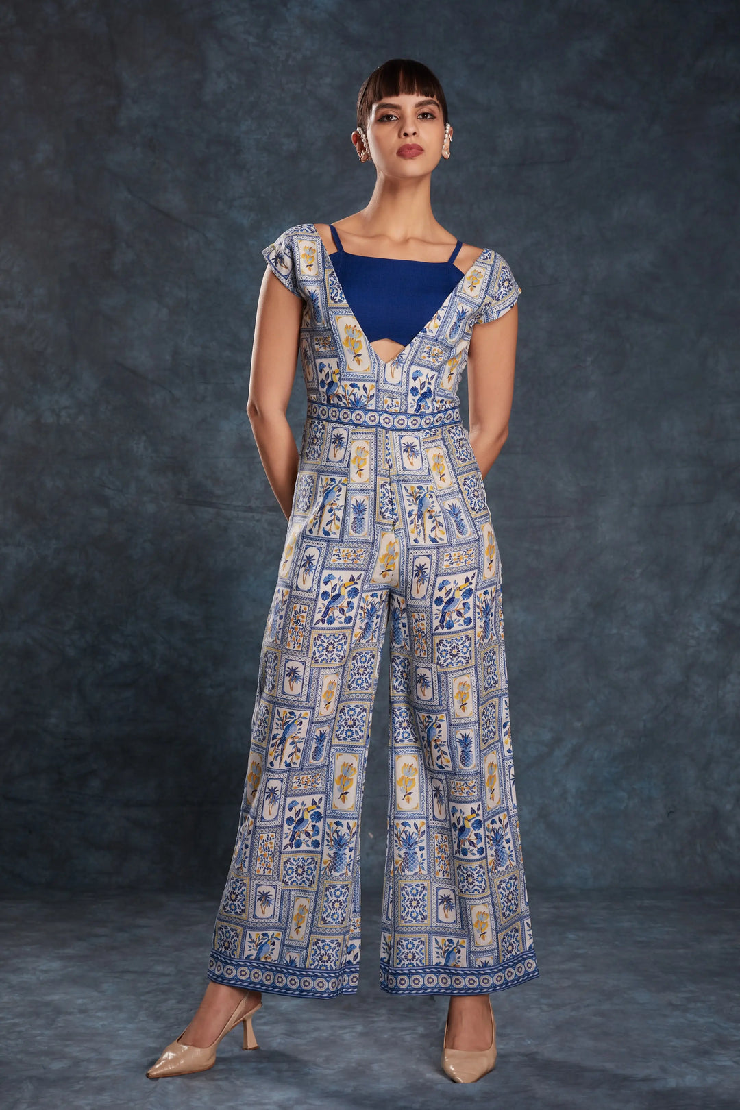 Navy Blue Printed Linen Co-ord Set - qivii
