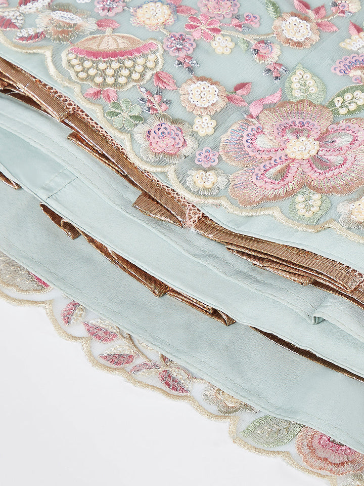 Limegreen - Multi-Sequins & Thread Work Embroidery Net Semi-Stitched Lehenga - qivii