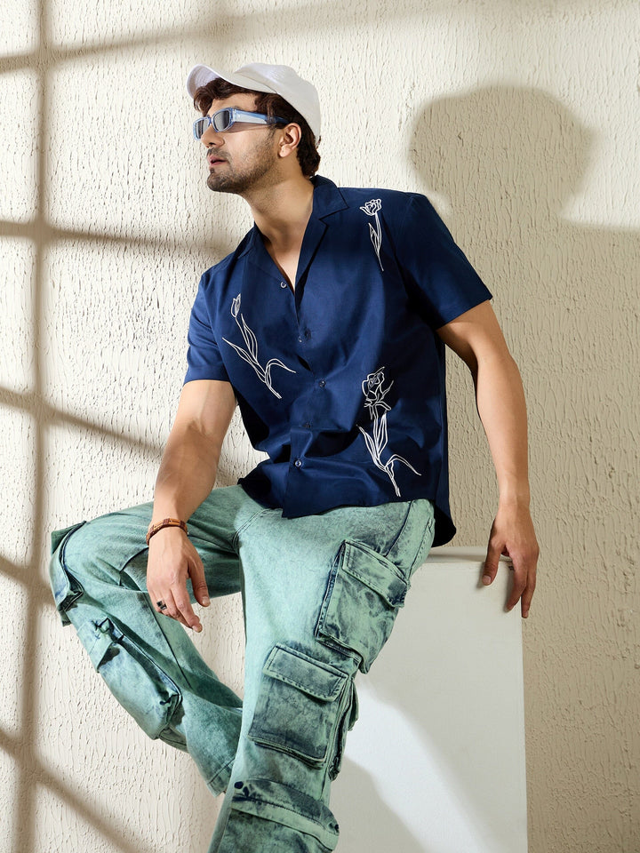Navy Rose Embroidery Cuban Shirt