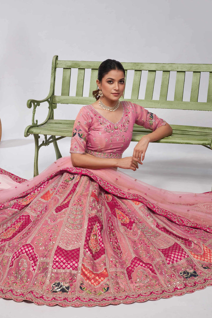 Pretty Pink paisley Motifs traditional embroidered wedding Lehenga - qivii
